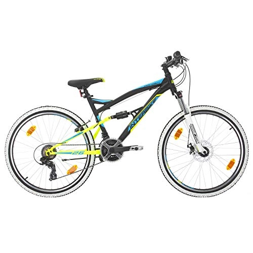 Vélos de montagnes : Bikesport PARALLAX Vélo à double suspension en acier 26 pouces roues avant frein à disque Shimano 18 vitesses, Homme, bleu / noir