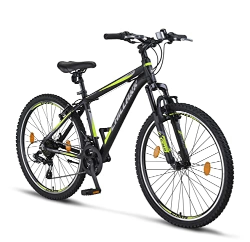 Vélos de montagnes : Chillaxx Bike Legend Premium en 24 et 26 pouces, VTT en aluminium V-Brake Vélo pour garçons, filles, hommes et femmes - 21 vitesses - Vélo VTT pour homme en aluminium (26 pouces, noir / citron vert)