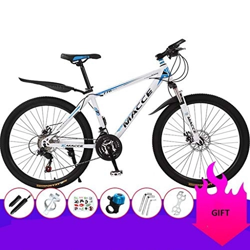 Vélos de montagnes : Dsrgwe VTT, VTT, Cadre Acier Mountain Bicycles, Double Frein à Disque et Suspension Avant, 26 Pouces Jante (Color : White+Blue, Size : 27 Speed)