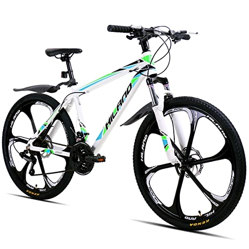 Vélos de montagnes : Hiland VTT 26" avec cadre en aluminium de 17" et frein à disque à ressort, fourche à suspension, 6 roues à rayons, adolescents, vélo, homme et femme, blanc
