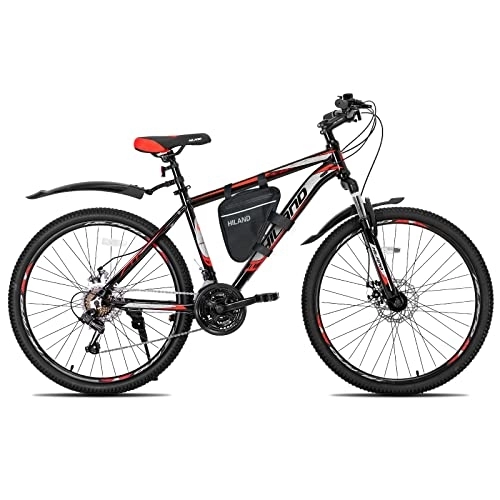 Vélos de montagnes : Hiland VTT VTT 26" avec sacoche de cadre 17" Cadre en aluminium Frein à disque Roues à rayons pour adolescents Vélo Monsieur Femme Vélo monobloc Noir et rouge