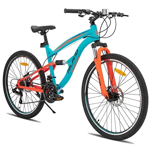 Vélos de montagnes : Hiland Vélo VTT 26" à double suspension 21 vitesses pour homme 18" Fully Multifonctionnel Orange / Bleu