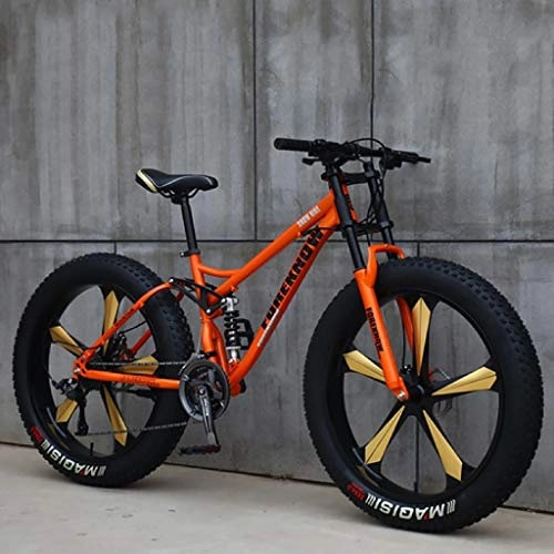 Vélos de montagnes : JIAJULL Mens Mountain Bikes, 26 Pouces Fat Tire Hardtail VTT, Double Suspension Cadre et Fourche à Suspension, 21 Vitesses, 5 Spoke, Tout-Terrain (Couleur : Orange)