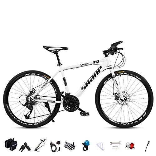 Vélos de montagnes : JIAODIE Vélo de route pour homme / femme, 24 / 66 cm, arrière rigide, VTT avec 21 vitesses, acier à haute teneur en carbone, double frein à disque, blanc, 66 cm
