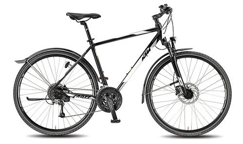 Vélos de montagnes : KTM Messieurs Vélo 28 "Cross Bike Avenza Cross Street – 27 vitesses, Dérailleur Shimano, Suntour fourche, black matt (white / green), 56 cm