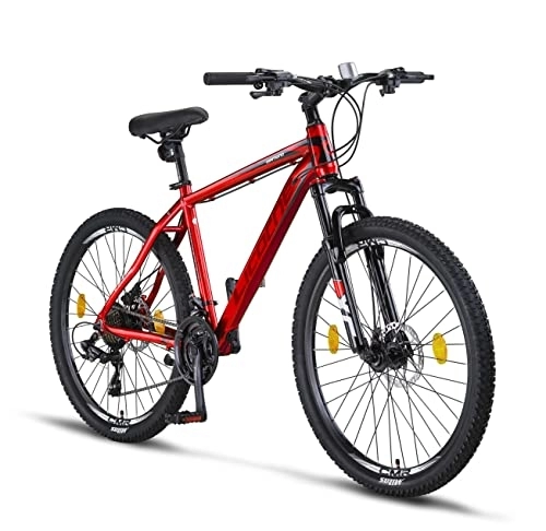 Vélos de montagnes : Licorne Bike Diamond Premium VTT Aluminium Vélo Garçon Fille Homme Femme - Dérailleur 21 Vitesses - Frein à disque Homme - Fourche avant réglable (26, Rouge)