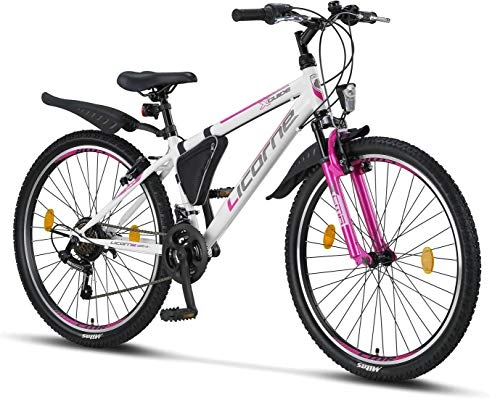 Vélos de montagnes : Licorne Bike Guide Vélo VTT haut de gamme pour filles, garçons, hommes et femmes Vélo avec dérailleur 21 vitesses, Mixte, blanc / rose, 26