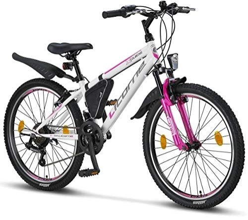 Vélos de montagnes : Licorne Bike Guide Vélo VTT haut de gamme pour filles, garçons, hommes et femmes Vélo avec dérailleur Shimano 21 vitesses, Garçon, blanc / rose, 24