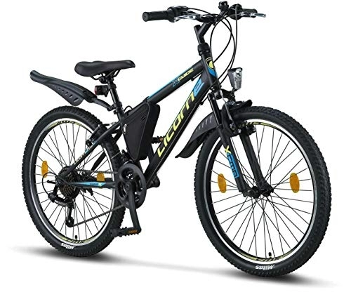 Vélos de montagnes : Licorne Bike Guide Vélo VTT haut de gamme pour filles, garçons, hommes et femmes Vélo avec dérailleur Shimano 21 vitesses, Garçon Fille, Noir / bleu / citron vert, 24
