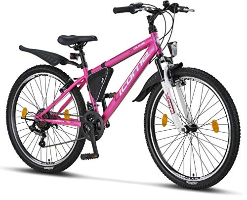 Vélos de montagnes : Licorne Bike Guide Vélo VTT haut de gamme pour filles, garçons, hommes et femmes Vélo avec dérailleur Shimano 21 vitesses, Garçon, rose / blanc, 26