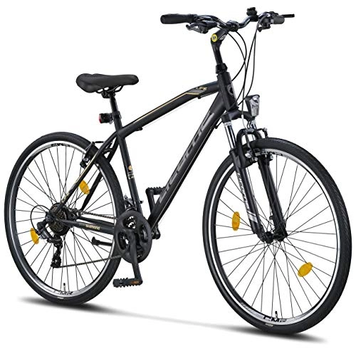 Vélos de montagnes : Licorne Bike Premium Trekking Bike 28 pouces - Vélo Garçon, Fille, Homme et Femme - Dérailleur Shimano 21 vitesses - Vélo Homme - Garçon - Life M-V - Noir / Gris