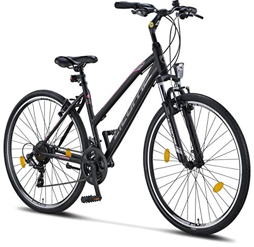 Vélos de montagnes : Licorne Bike Vélo de randonnée premium 28 pouces - Vélo pour garçons, filles, femmes et hommes - Dérailleur Shimano 21 vitesses - VTT - Cross - Life-L-V - Noir / rose