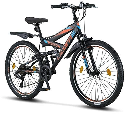 Vélos de montagnes : Licorne Bike Vélo VTT 26" Premium - Vélo pour garçons, filles, femmes et hommes - Dérailleur Shimano 21 vitesses - Suspension complète - Vélo robuste, Homme, Noir / Bleu / Orange, 26 pouces