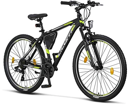 Vélos de montagnes : Licorne Bike Vélo VTT haut de gamme, pour filles, garçons, hommes et femmes, avec dérailleur Shimano à 21 vitesses, Garçon, Noir / citron vert (freins V)., 27.5 inches