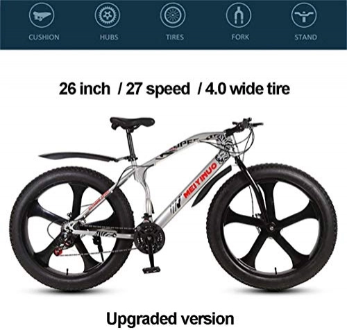 Vélos de montagnes : MRXW VTT pour Hommes, Femmes Adultes, 26, « Tout Terrain VTT vélo Hybride avec 4, 0 Fat Tire, Fourchette Gras Neige Plage Vélo, Argent