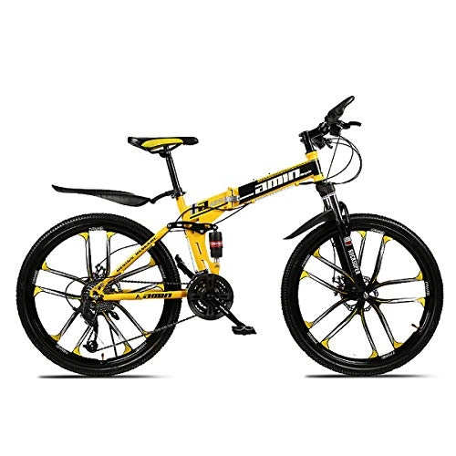 Vélos de montagnes : PXQ Adultes VTT 21 / 24 / 27 / 30 Vitesses Pliant vélo Hors Route avec Double Freins à Disque et Amortisseur, 24 / 26 Pouces Haute Carbone Soft Tail Bike, Yellow, C26Inch21S
