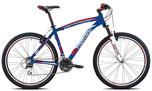 Vélos de montagnes : Torpado - Plutone - Vélo VTT, 27, 5”, 3 x 7 vitesses TY300,  à suspension avant, taille 49, bleu / rouge