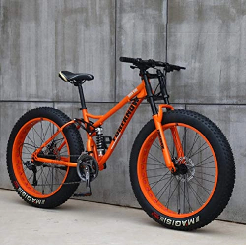 Vélos de montagnes : VTT 26'', 24 Vitesses Vélo Gros Pneu, Adulte Vélo Tout-terrain à Vitesse Variable pour la Plage et la Neige, Cadre en Acier à Haute Teneur en Carbone Dual Full Suspension Dual Disc Brake (Orange)