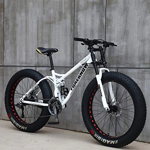 Vélos de montagnes : VTT 26 pouces MJH-01 Fat Tire Mountain Trail Bike 24 vitesses, cadre en acier au carbone, double suspension, double frein à disque, blanc / rouge