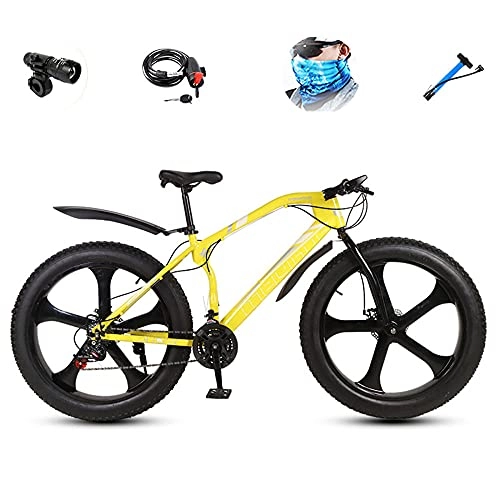 Vélos de montagnes : VTT Fat Bike, Cycling 26 inch for Young Adult Mountain Bike 21 Speed ​​Carbon Steel Cycling Frame, 4.0-inch Snow Tires Double Disk Brakes-Jaune