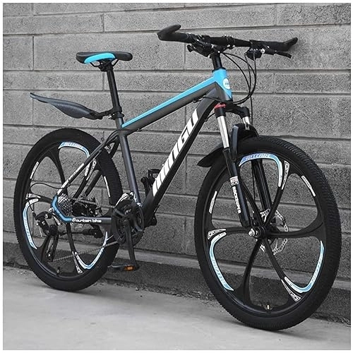 Vélos de montagnes : Vélos de Montagne 24 Pouces, vélo en Acier au Carbone pour Hommes et Femmes, 30 Vitesses avec Frein à Double Disque, Noir Bleu 6 Rayons