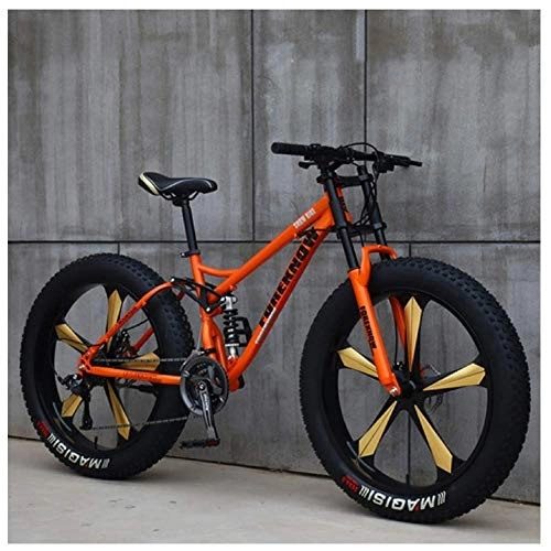 Vélos de montagnes : WJSW VTT, vélo Montagne semi-rigi26 Pouces Fat Tire, Cadre Double Suspension et Fourche Suspension VTT Tout Terrain, 21 Vitesses, Orange 5 Rayons