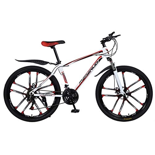 Vélos de montagnes : ZKHD 26 Pouces Haute en Acier au Carbone 10 Spokes Une Roue Montagne Double Frein à Disque Choc Absorption à Vitesse Variable Cross Country Bike, White Red, 26 inches