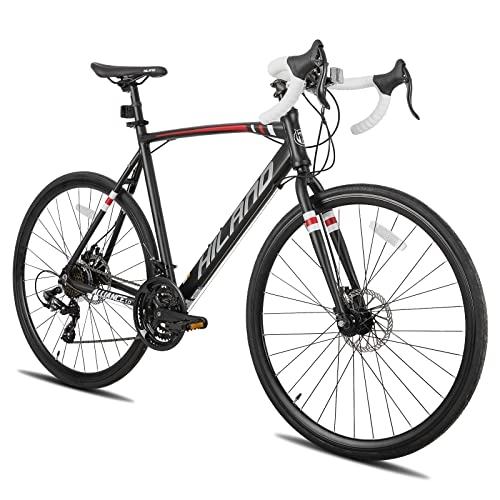 Vélos de routes : Hiland Vélo de course 700c - Cadre en aluminium avec dérailleur Shimano 21 vitesses - Frein à disque - Noir - 57 cm - Pour homme et femme