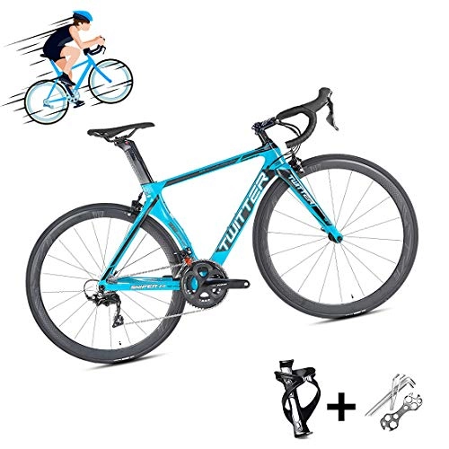 Vélos de routes : Vélo de route R7000-22 vitesses grand ensemble de pneu 700C vélo de route ultra-léger Tour de France, réfléchissants voiture de course en fibre de carbone 18K avec design de ligne cachée, , Bleu, XS