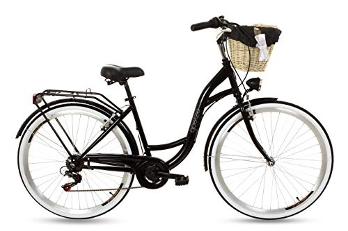 Vélos de villes : Goetze RGO052806-800413 Mood 28 B6 Vélo de Ville pour Femme Vélo hollandais rétro 6 Vitesses Éclairage LED Panier, Femme, Szwarz, m