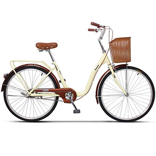 Vélos de villes : GOLDGOD 24 inch Lady's Urban Vélos De Ville Vintage Classique Loisir Hollandais City Bike avec Panier Avant Et Tablette Arrière Cadre en Aluminium Léger Et Doubles Freins Vélo De Ville, Beige