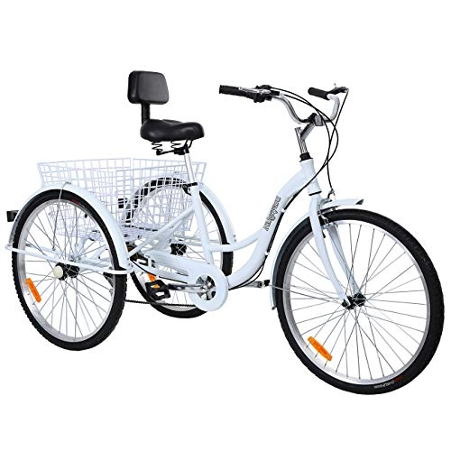 Vélos de villes : MuGuang Tricycle Adulte 26" 3 Roues 7 Vitesse Velo Tricycle Adulte Bicycle Trike Cruise avec Basket(Blanc)