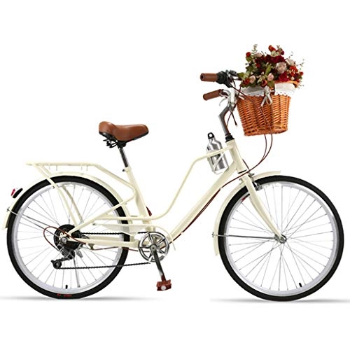 Vélos de villes : ZHOUZJ Vlo de Confort Bicyclette Femme City Bike Vlo de Ville, 7- Vitesse, 24 Pouces, Beige, 24