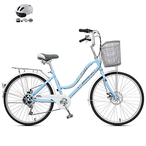 Vélos de villes : ZZD Vélo de Ville pour Adulte à 6 Vitesses avec Casque, vélos de Banlieue de 24 Pouces pour Hommes / Femmes de 145 à 165 cm, avec Freins à Double Disque et siège Confort, Bleu