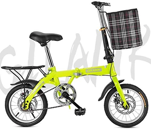 Vélos pliant : 20" Lightweight pliant Ville vélo bicycle Double Frein à disque avec panier avant et arrière de la poupée mobile, Taille: 14inch, Couleur: Vert (Color : Green)