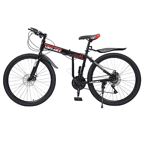 Vélos pliant : Atnhyruhd VTT pliable 26 ", en acier au carbone, frein à disque, dérailleur à 21 vitesses, vélo tout terrain, vélo pliant en acier au carbone (noir rouge)