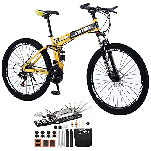 Vélos pliant : Bicyclette de suspension complète 26in Vélo de montagne pliante, 21-30 Vitesse MTB Vélos de mont Vélos de montagne avec des freins à disque Accessoires d'outil ( Color : Yellow , Speed : 24speed )