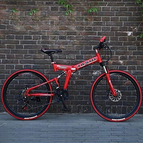 Vélos pliant : Dsrgwe VTT, 26inch VTT, vélo Pliant Semi-Rigide, Cadre en Acier au Carbone, Suspension complète et Double Disque de Frein, 21 Vitesses (Color : Red)
