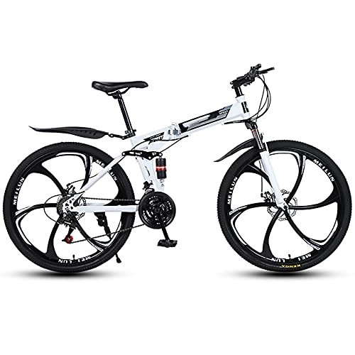 Vélos pliant : FGKLU Vélo de montagne pliable de 66 cm avec 6 couteaux et roue de VTT pour homme et femme, 21 vitesses, freins à disque en acier à haute teneur en carbone, blanc
