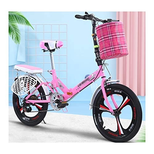 Vélos pliant : JHNEA 20 Pouces 6 Vitesses Vélo Pliant, Cadre en Acier au Carbone Pliable vélos par Porte Bagages et Panier Adulte Unisexe, Pink-C