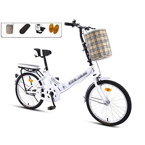 Vélos pliant : JHNEA 20 Pouces Vélo Pliant, Cadre en Acier au Carbone Pliable vélos à Siège Réglables Panier et Porte Bagages, White-A