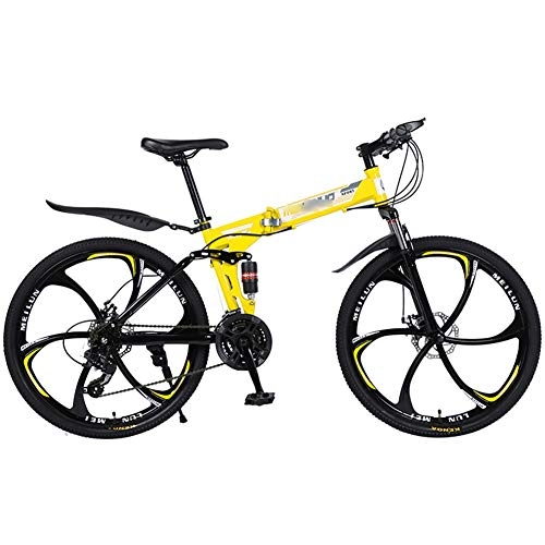 Vélos pliant : LJHSS Vélo de Montagne 21 / 24 / 27 Vitesses Cadre en Acier 26 Pouces Roues à 6 Rayons Double Suspension vélo Pliant Adulte VTT (Color : Yellow, Size : 21 Speed)