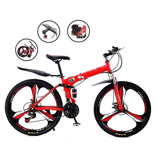 Vélos pliant : MDZZ Pliable, 21 Vitesse Adulte Fat Tire Mountain Trail vélo, Cadre en Acier Haute teneur en Carbone Hardtail Voiture à pédales pour vélo en Plein air, Red Wheel c, 24in
