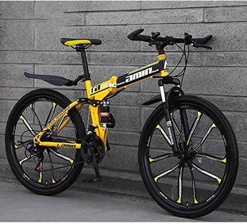 Vélos pliant : MJY Vélo VTT Vélos pliants, 26 pouces 27 vitesses Double frein à disque Suspension complète antidérapante, cadre en aluminium léger, fourche à suspension, jaune, D 6-24