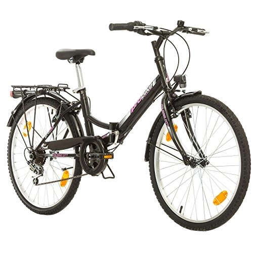 Vélos pliant : Multibrand Distribution Probike Folding City Vélo Pliant de 24 Pouces à 6 Vitesses pour Femmes, Filles adaptées de 135 à 160 cm (Rose Noir + Garde-Boue)