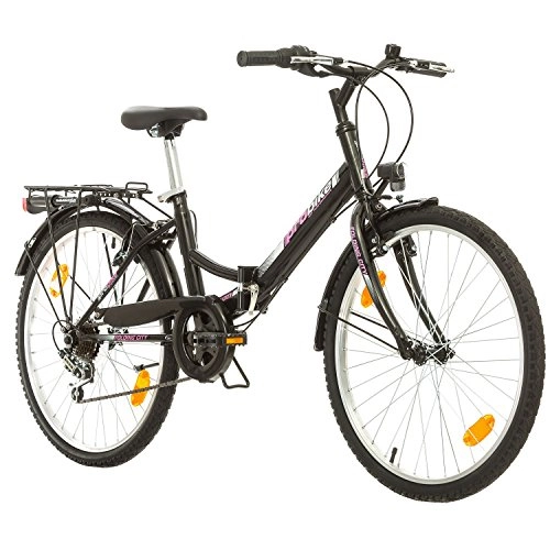 Vélos pliant : Probike Folding City Vélo Pliant de 24 Pouces à 6 Vitesses pour Femmes, Filles adaptées de 135 à 160 cm (Rose Noir + Garde-Boue)