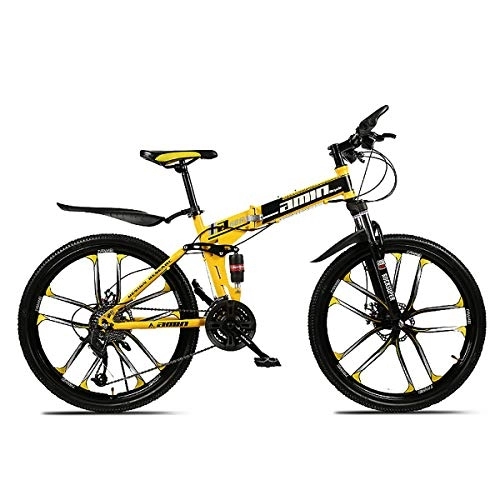 Vélos pliant : PXQ Adultes VTT 21 / 24 / 27 / 30 Vitesses Pliant vélo Hors Route avec Double Freins à Disque et Amortisseur, 24 / 26 Pouces Haute Carbone Soft Tail Bike, Yellow, C24Inch30S