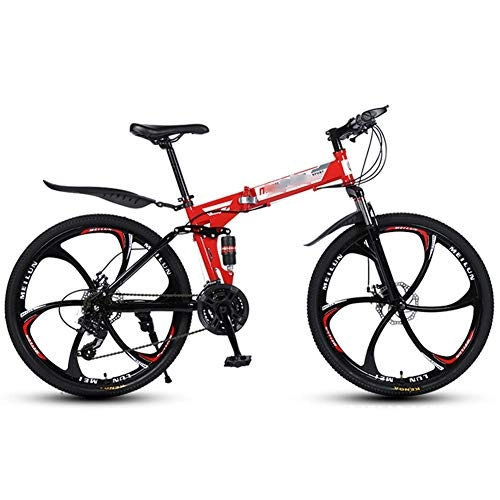 Vélos pliant : Vélo de Montagne 21 / 24 / 27 Vitesses Cadre en Acier 26 Pouces Roues à 6 Rayons Double Suspension vélo Pliant Adulte VTT (Color : Red, Size : 21 Speed)