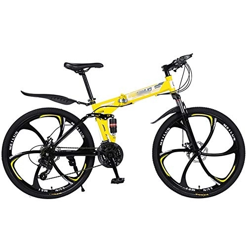 Vélos pliant : Vélo de Montagne 21 / 24 / 27 Vitesses Cadre en Acier 26 Pouces Roues à 6 Rayons Double Suspension vélo Pliant Adulte VTT (Color : Yellow, Size : 21 Speed)