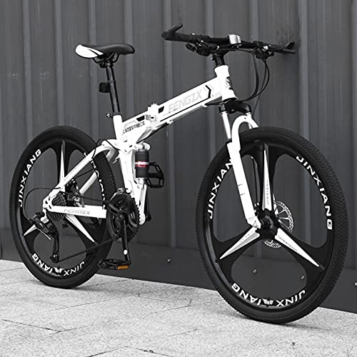 Vélos pliant : Vélo de montagne 26 pouces à suspension complète pour hommes, vélo de montagne 30 vitesses à double disque, cadre en acier au carbone, vélo de route pliable avec siège réglable(Color:blanc noir)